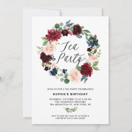 Tee aus Burgund und Blauer Blumengarten Party Einladung