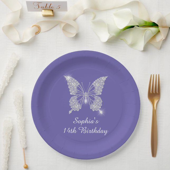 Tee B'day, Diamant Butterfly Name Age, Periwinkle Pappteller (Hochzeit)