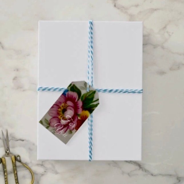 Tee Cup Floral Bouquet Geschenkanhänger (Gift Tag. D: 3.5"l x 2”w.  Set of 10. Printed on 120lb, 18 point thick matte paper. Made in USA.
)