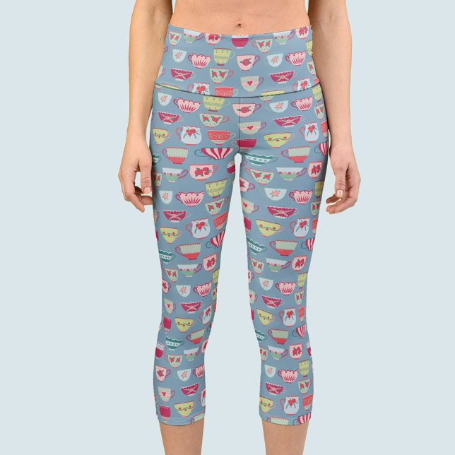 Tee Cup Muster Blau Capri Leggings (Teacup pattern fun yoga pants capri leggings)