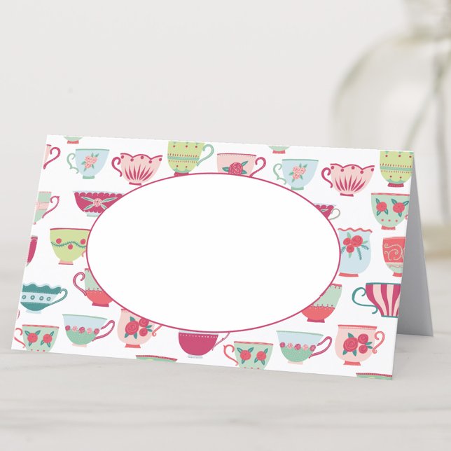 Tee Cups Modernes Vintag Platzkarte (Vintage tea cup pattern place card)