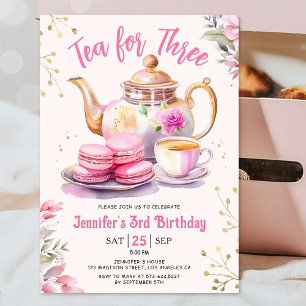 Tee für drei 3. Geburtstagsmädchen Rosa Teeparty Einladung