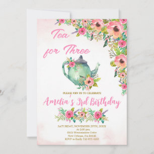 Tee für drei Einladungen, rosa Blütenbraun, 3. Geb Einladung