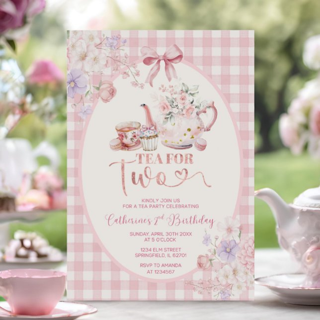 Tee für zwei rosa Blumen Teekanne Party 2. Geburts Einladung (Von Creator hochgeladen)