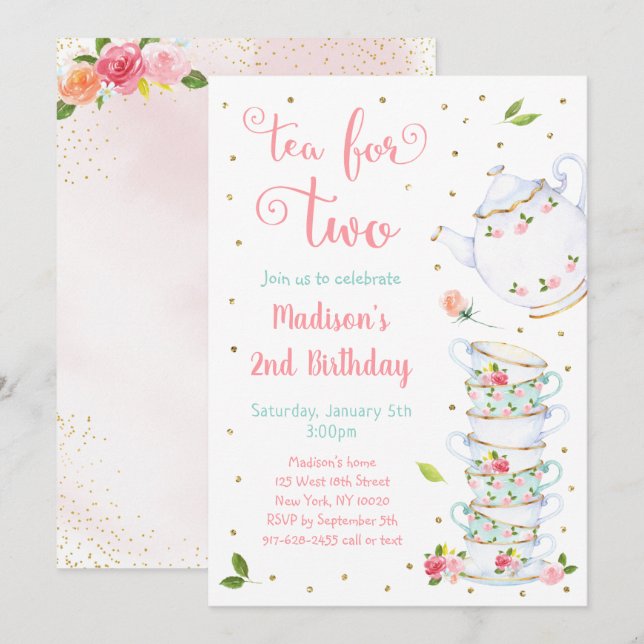 Tee für zwei rosa goldene Blumenkost Party Geburts Einladung (Vorne/Hinten)