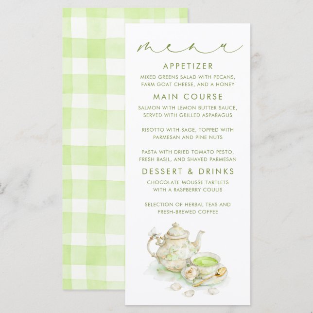 Tee-inspirierte grüne Gingham-Muster-Speisekarten Menükarte (Vorne/Hinten)