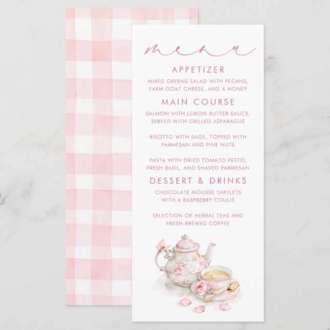 Tee-inspirierte rosa Gingham-Muster-Menükarten Menükarte (Vorne/Hinten)