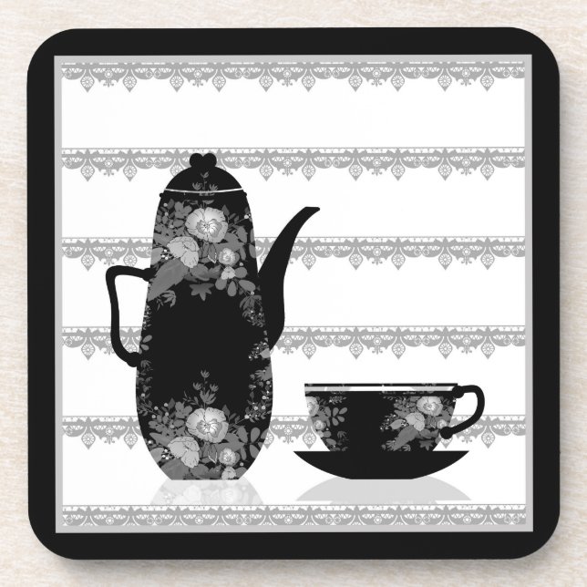 Tee-Kaffeekanne Becher Schwarz-weiße Illustrations Getränkeuntersetzer (Vorderseite)