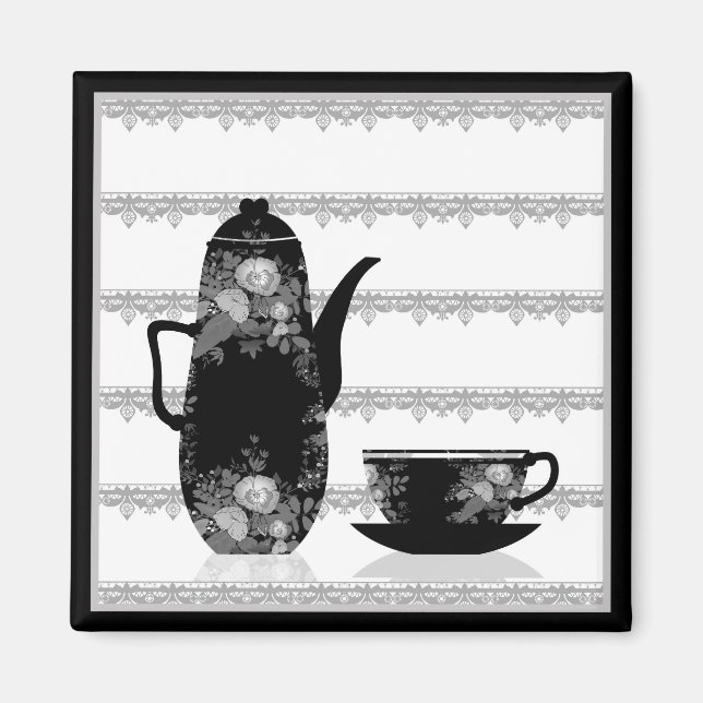Tee-Kaffeekanne Becher Schwarz-weiße Illustrations Magnet (Vorne)