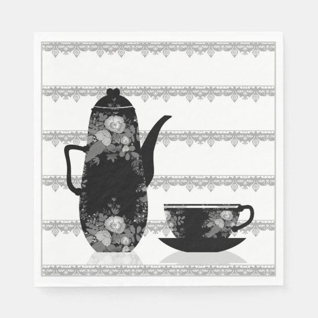 Tee-Kaffeekanne Becher Schwarz-weiße Illustrations Serviette (Vorderseite)