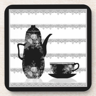Tee Kaffeekanne Tasse schwarz weiß Illustration Re Getränkeuntersetzer