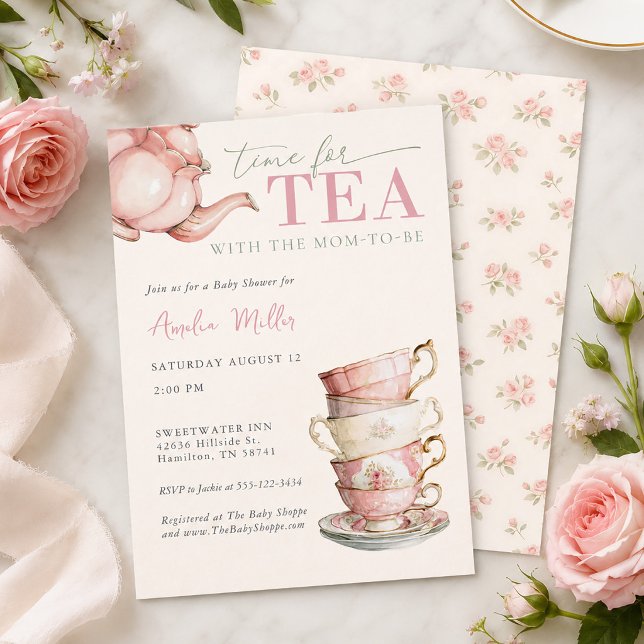 Tee mit der werdenden Mutter Rosa Florales Babysho Einladung (Tea with the Mom-to-be Pink Floral Baby Shower Invitation)