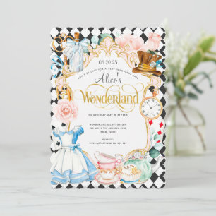 Tee Party Alice im Wunderland Rosa Mädchen Geburts Einladung