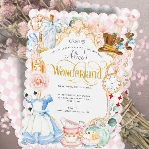 Tee Party Alice im Wunderland Rosa Mädchen Geburts Einladung