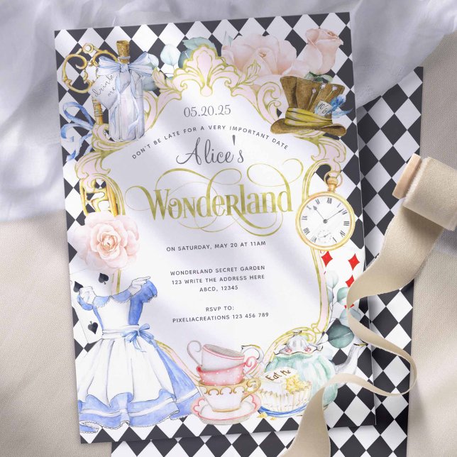 Tee Party Alice im Wunderland Rosa Mädchen Geburts Einladung (Girl 1st birthday, Alice in Wonderland themed birthday invitations)