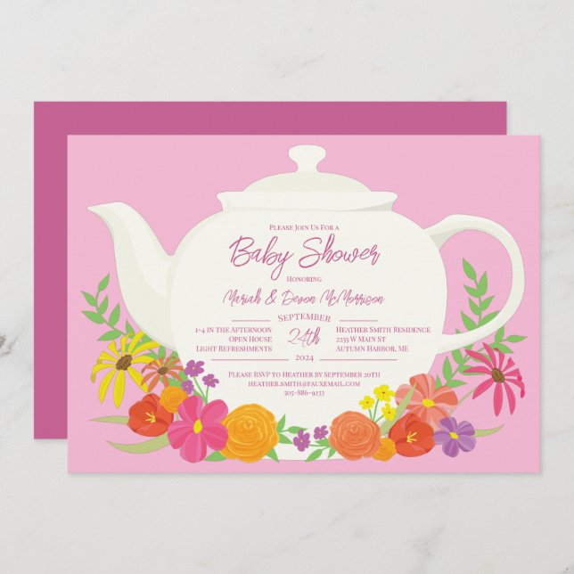 Tee-Party Baby Duschteapot Pink Girl Einladung (Vorne/Hinten)