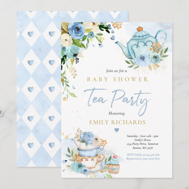 Tee Party Baby Shower Boy Blue Rose Baby Brewing Einladung (Vorne/Hinten)