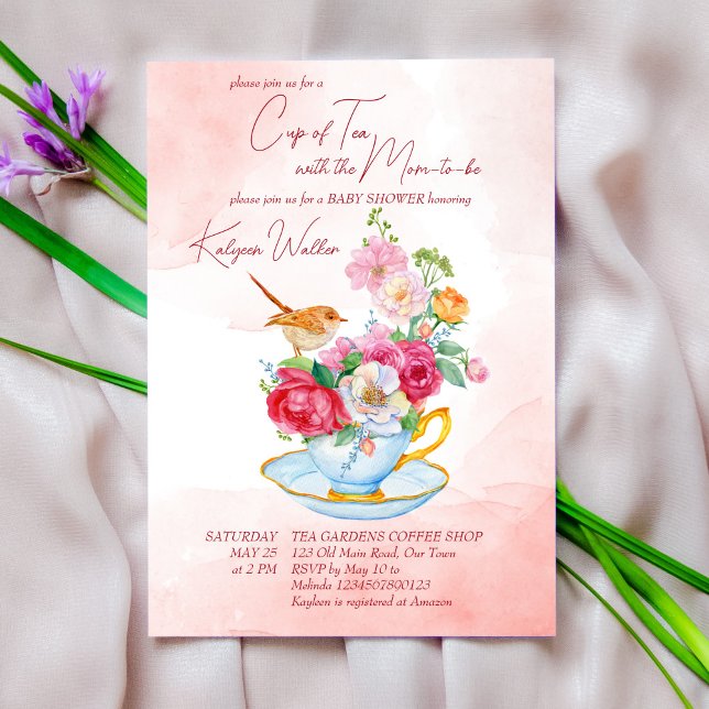 Tee-Party Babydusche Teetasse mit Blume rosa Einladung (Von Creator hochgeladen)