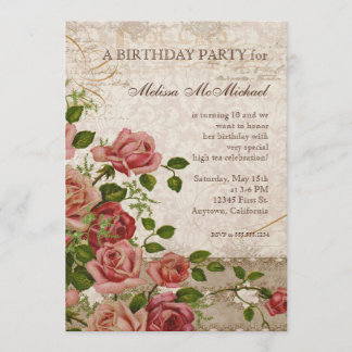 Tee-Party Birthday Invite, Trellis Rose Vintag Einladung