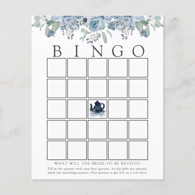 Tee Party Blue Floral Bridal Bingo Game Card (Vorderseite)