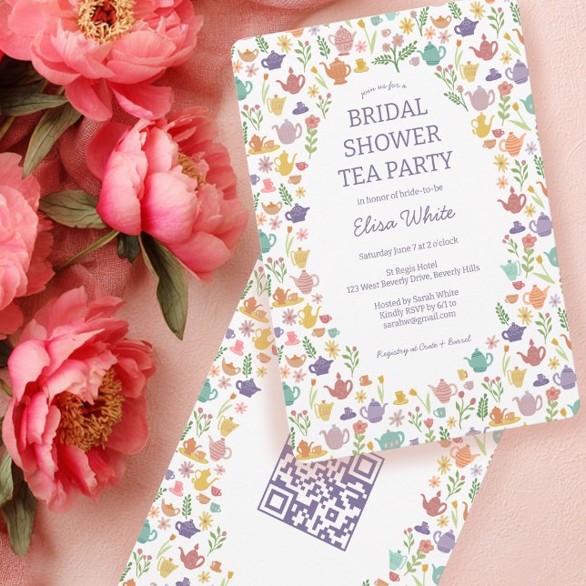 Tee Party Brautparty Niedlich CUSTOM QR Code Einladung (Tea Party Bridal Shower Cute CUSTOM QR Code Invitation
)