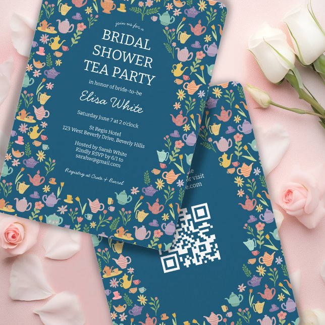 Tee Party Brautparty Niedlich CUSTOM QR Code Einladung (Tea Party Bridal Shower Cute CUSTOM QR Code Invitation
)