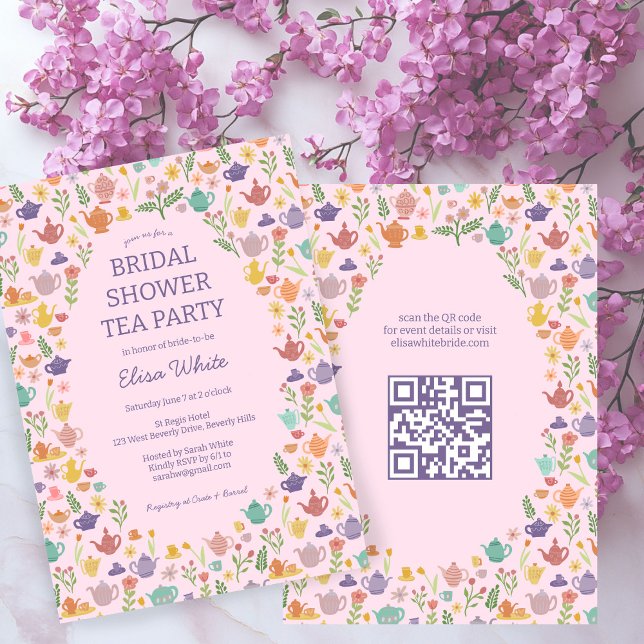 Tee Party Brautparty Niedlich CUSTOM QR Code Einladung (Tea Party Bridal Shower Cute CUSTOM QR Code Invitation
)