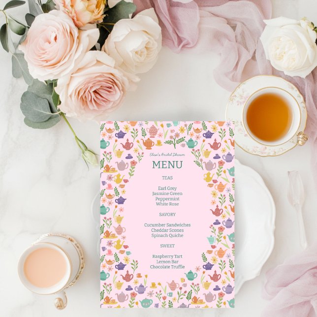 Tee-Party-Brautparty Niedlich farbenfroh CUSTOM Menükarte (Tea Party Bridal Shower Cute Colorful CUSTOM Menu
)