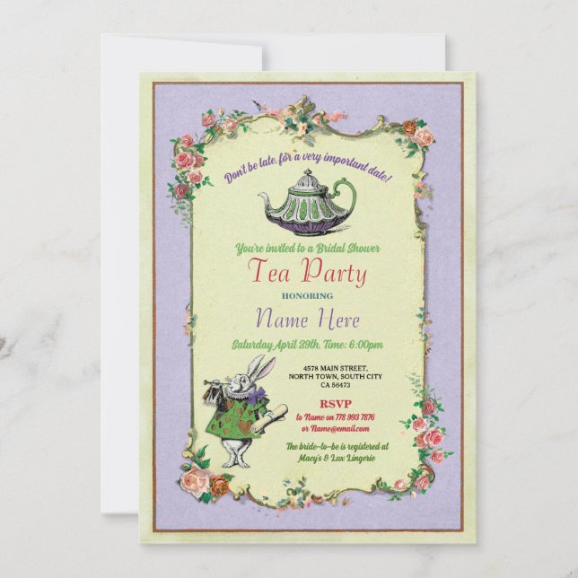 Tee-Party Brautparty Wunderland Teapot Rabbit Einladung (Vorderseite)
