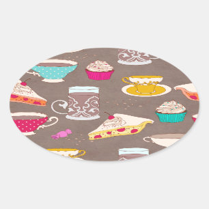 Tee Party Dessert Print Cupcake Pie Doodle Ovaler Aufkleber