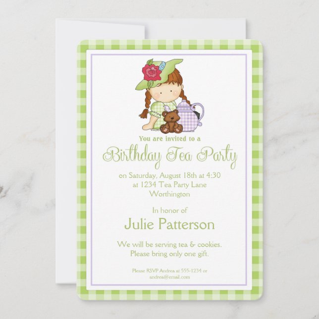 Tee-Party Einladung Little Girl Green (Vorderseite)