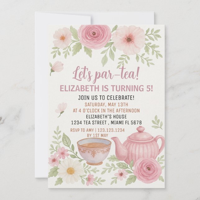 Tee-Party Einladung mit Blumenmuster und Teacup-De (Vorderseite)