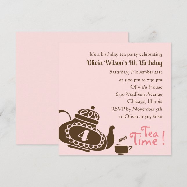 Tee-Party - Einladung von Mädchen zum Geburtstag (Vorne/Hinten)