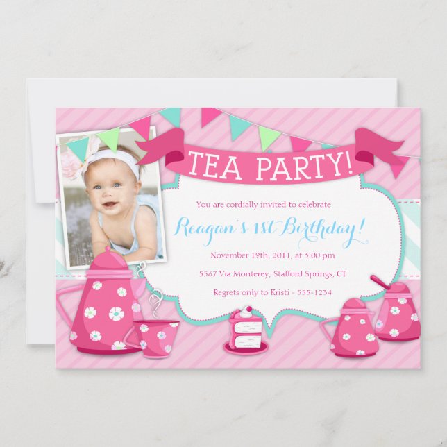 Tee-Party Einladungen - rosa Aqua-Thema mit Foto (Vorderseite)