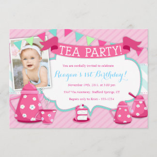 Tee-Party Einladungen - rosa Aqua-Thema mit Foto