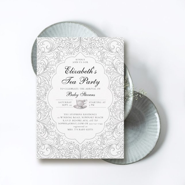 Tee-Party Elegant Moderne BW-Lace-Frame Babydusche Einladung (baby tea party shower invitation elegant frame modern classic chic lace black white)