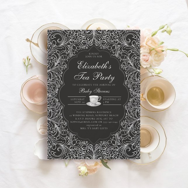 Tee-Party Elegante Spitzen Schwarz-weiße Babydusch Einladung (baby tea party shower invitation elegant frame modern classic chic lace black white elegant formal)