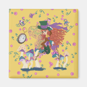 Tee-Party-Fee, Vintage-Uhr und Pilze Magnet