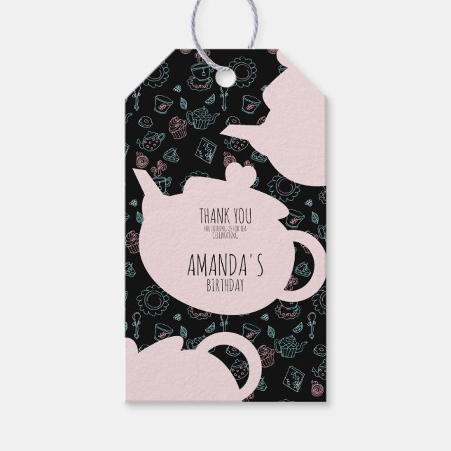 Tee Party Geburtstag Doodle Hintergrund Geschenkanhänger (Vorderseite)