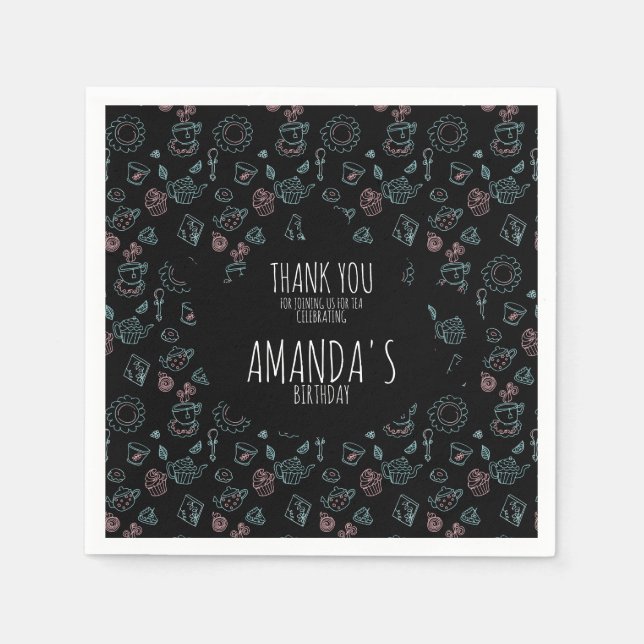 Tee Party Geburtstag Doodle Hintergrund Serviette (Vorderseite)