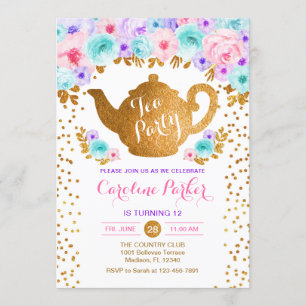 Tee Party Geburtstag - Gold Rosa Aquamarin Lila Einladung