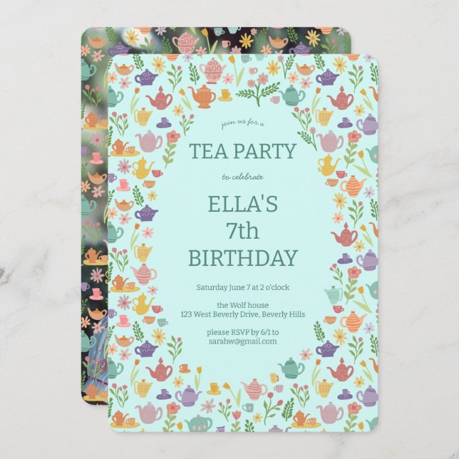 Tee Party Geburtstag Niedliches FOTO Einladung (Vorne/Hinten)