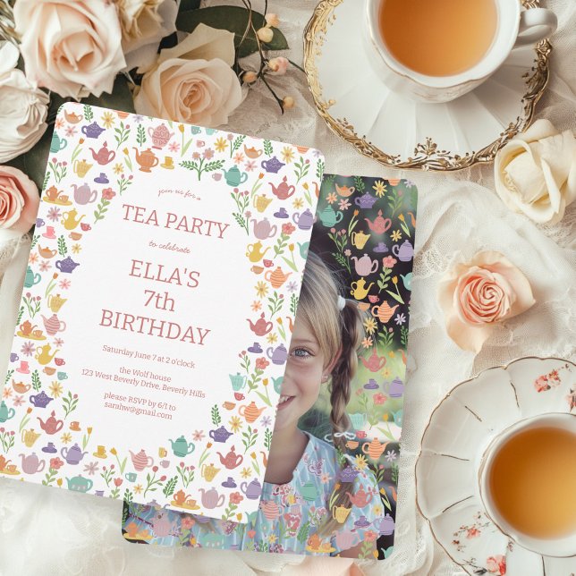 Tee Party Geburtstag Niedliches FOTO Einladung (Tea Party Birthday Cute Custom PHOTO Hand-drawn Invitation
)