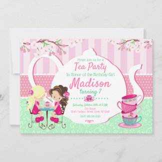 Tee-Party Geburtstagseinladung / Mädchen / Rosa Aq Einladung