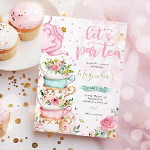 Tee Party Geburtstagsmädchen Pink & Gold Blumenstr Einladung