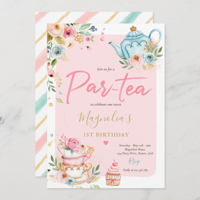 Tee Party Geburtstagsmädchen Pink & Gold Blumenstr Einladung (Vorne/Hinten)