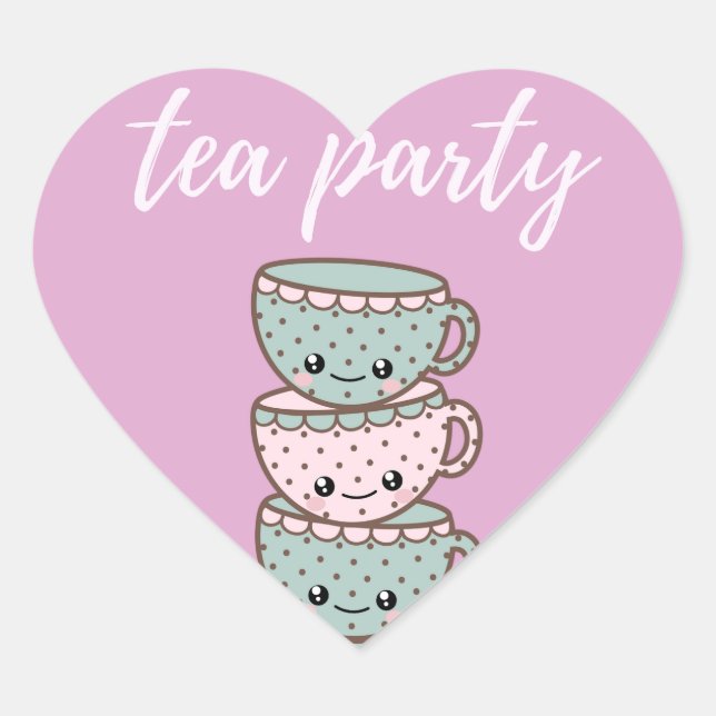 Tee-Party Illustriert Teacups Pink Herz-Aufkleber (Vorderseite)