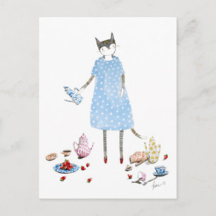 Tee-Party-Katze in einem Karen Walker-Kleid Postkarte
