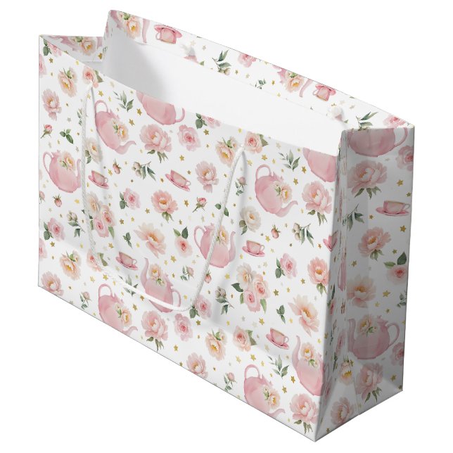 Tee-Party Kinderdusche Rosa Blumenstrauß große Ges Geschenktüte (Vorderseite Schrägansicht)