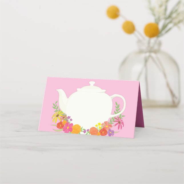 Tee-Party Kinderdusche Teapot Pink Girl Platzkarte (Vorderseite)